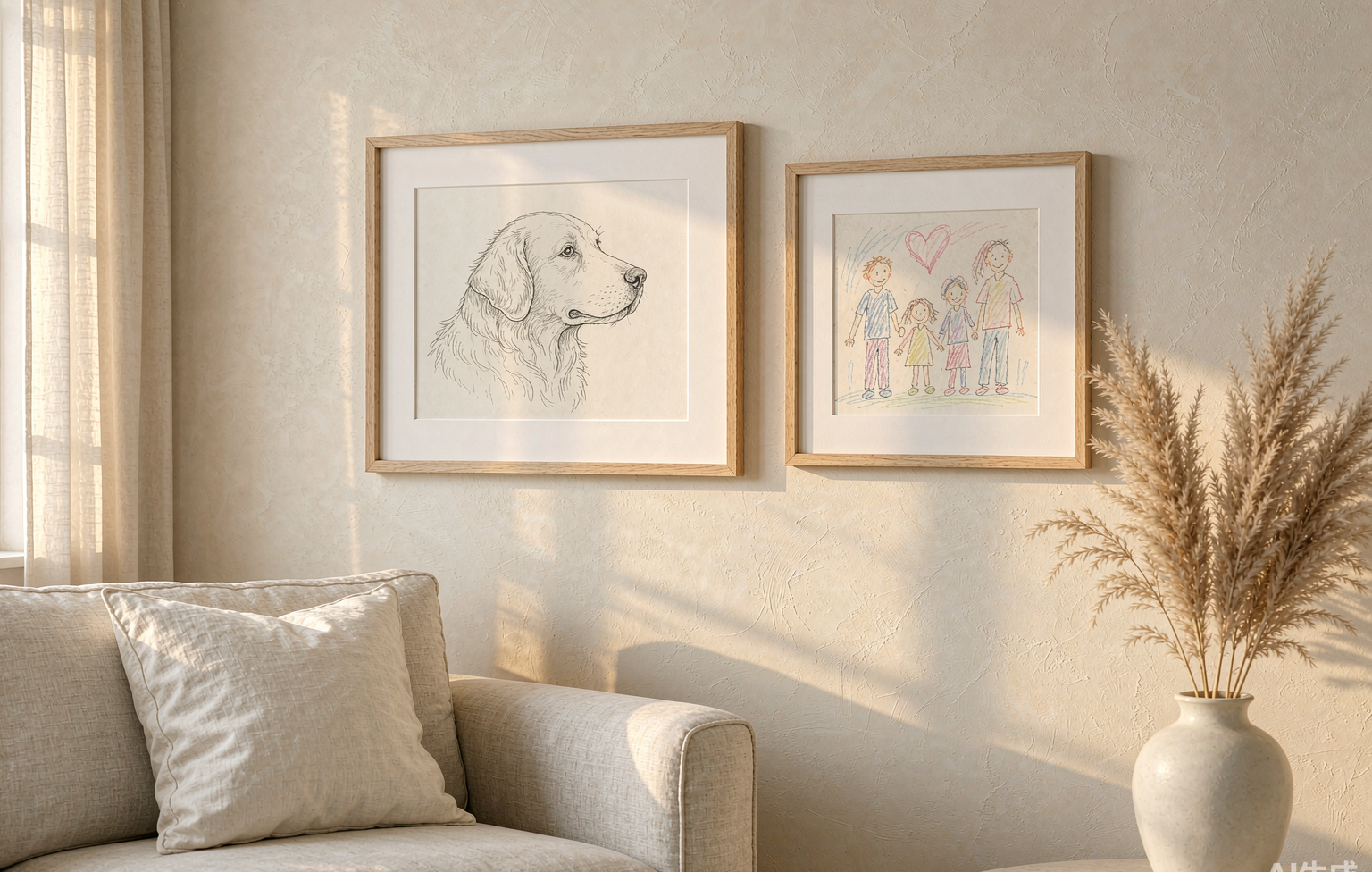 Framed pet portrait and a child's drawing hanging in a warm living room